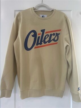 STARTER Beige Crewneck Sweater with Navy and Orange Oilers Script